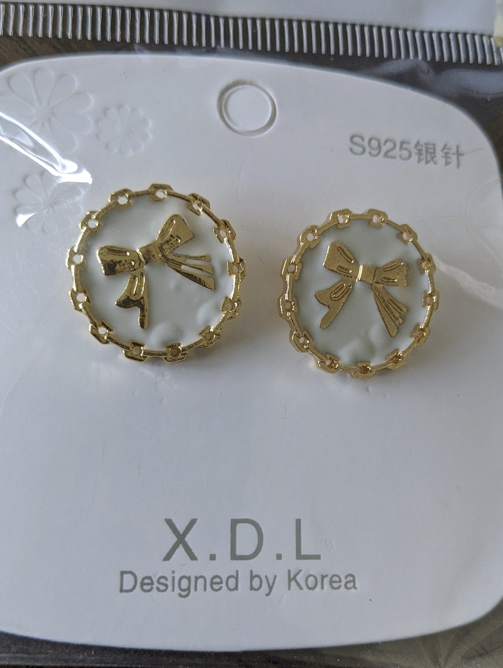 Sterling Silver Post Backs X.D.L Gold Bow White Enamel Stud Earrings